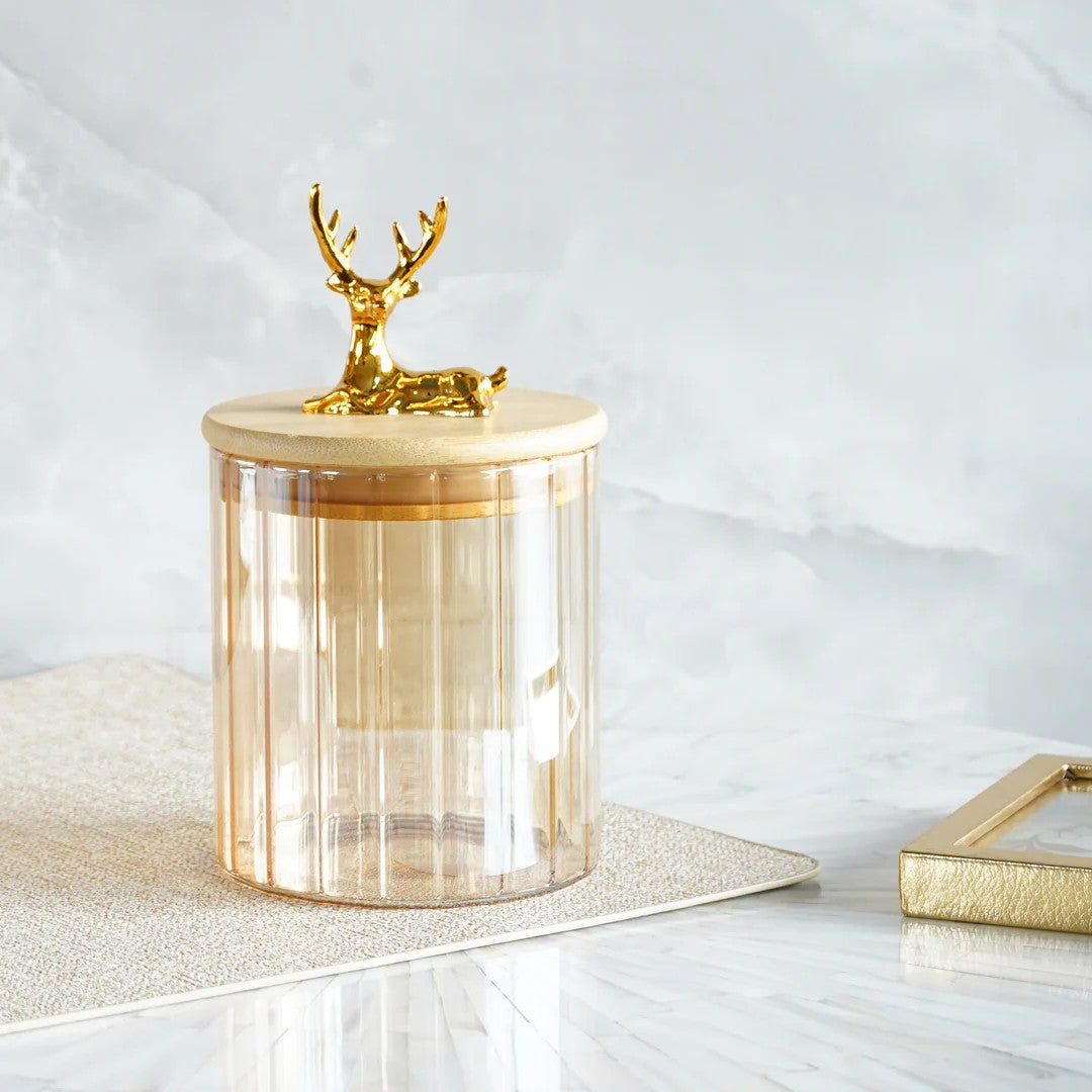 Fluted Golden Small Glass Jar with Reindeer Airtight Lid 630ml