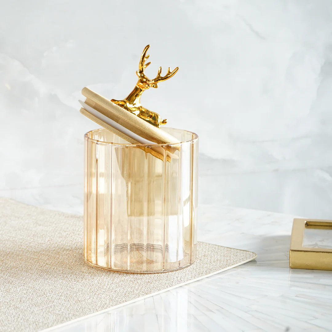 Fluted Golden Small Glass Jar with Reindeer Airtight Lid 630ml