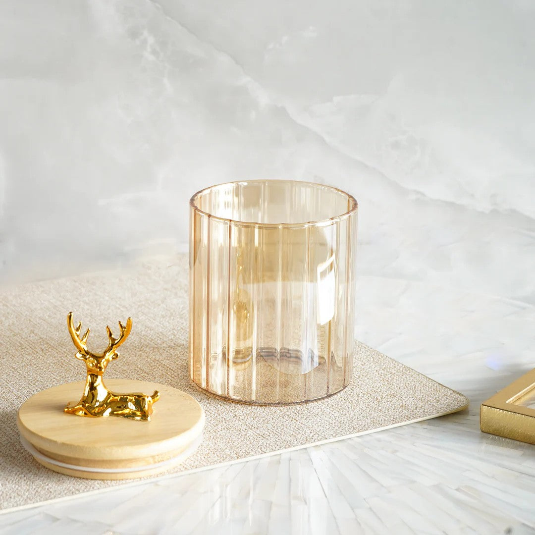 Fluted Golden Small Glass Jar with Reindeer Airtight Lid 630ml