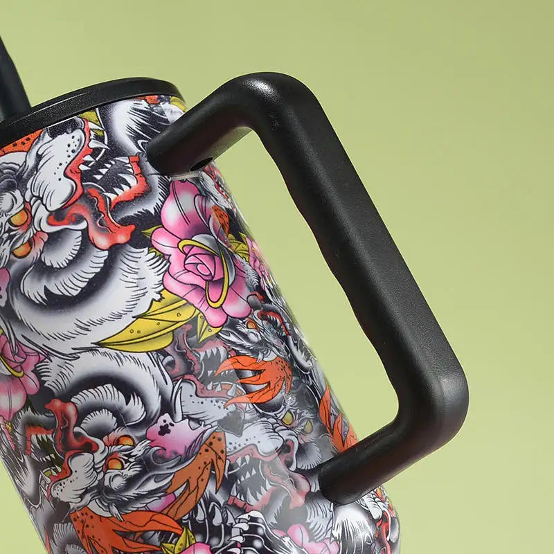 White Tiger & Rose 304 Double Wall Vacuum Insulated Stainless Steel Tumbler Water Bottle, Travel Mug Iced Coffee Cup for Travel, Coffee and Outdoor Activities, 40 oz