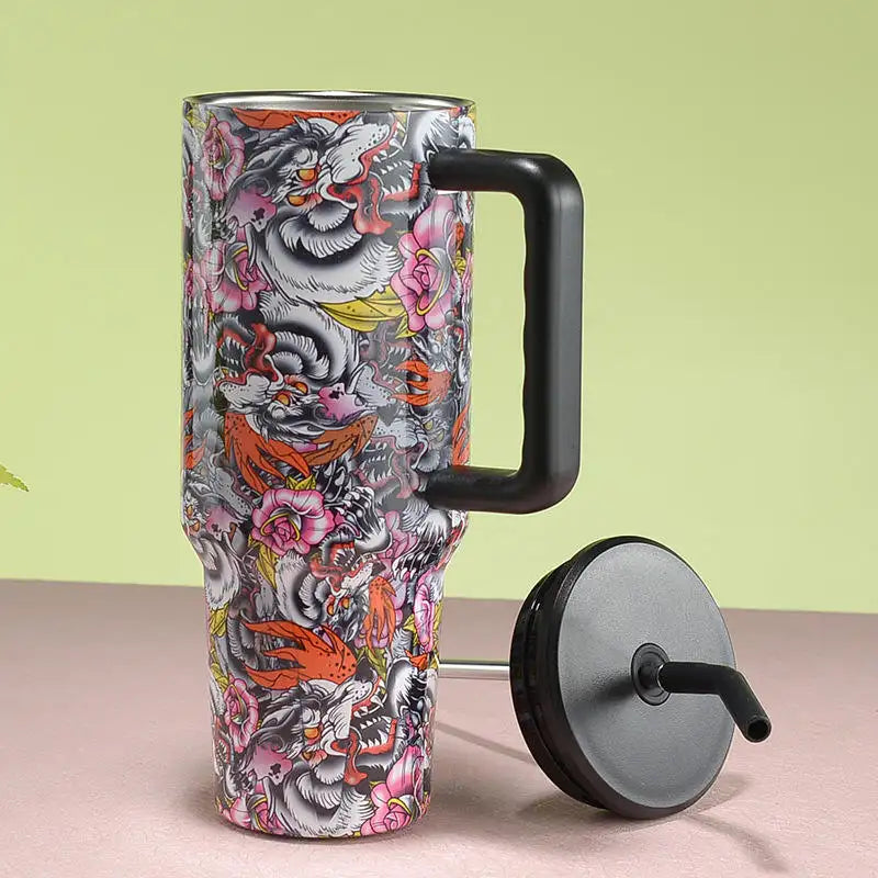 White Tiger & Rose 304 Double Wall Vacuum Insulated Stainless Steel Tumbler Water Bottle, Travel Mug Iced Coffee Cup for Travel, Coffee and Outdoor Activities, 40 oz