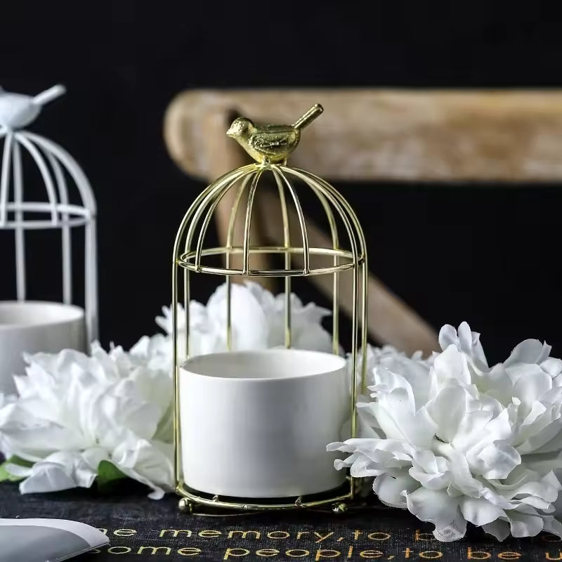 Nordic Style Stainless Steel Decorative Bird Cage with Ceramic Flowerpot