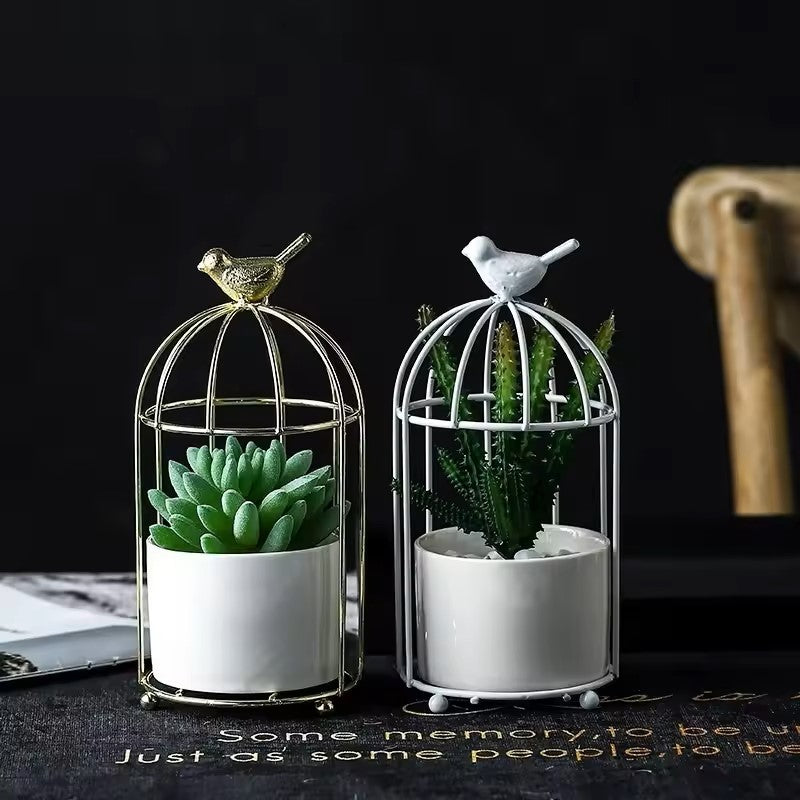 Nordic Style Stainless Steel Decorative Bird Cage with Ceramic Flowerpot