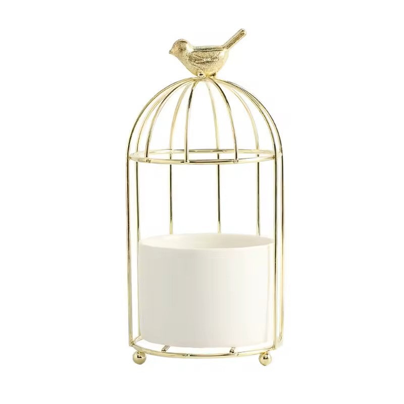 Nordic Style Stainless Steel Decorative Bird Cage with Ceramic Flowerpot