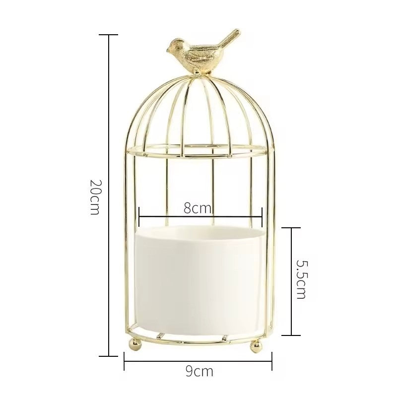 Nordic Style Stainless Steel Decorative Bird Cage with Ceramic Flowerpot