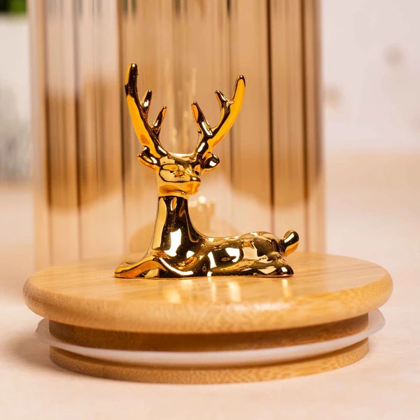 Fluted Golden Small Glass Jar with Reindeer Airtight Lid 630ml