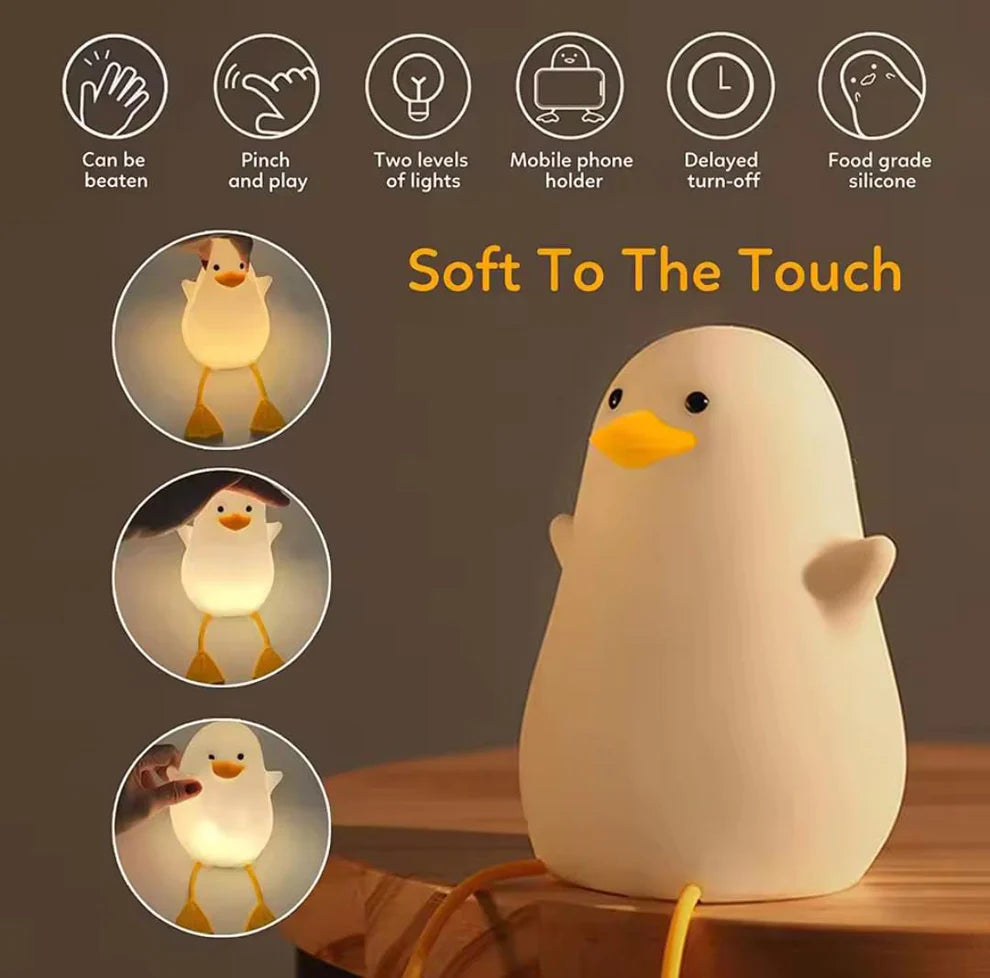 Cute Duck Night Lamp | Adorable Soft Glow Light | Silicone Squishy, Dimmable, Rechargeable Nursery Lamp | Multiple colors