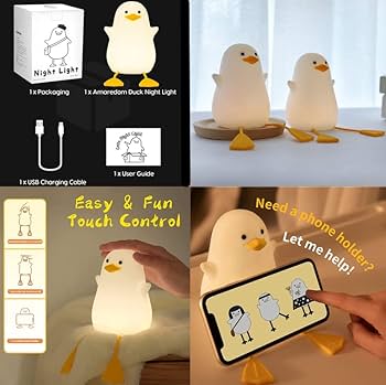 Cute Duck Night Lamp | Adorable Soft Glow Light | Silicone Squishy, Dimmable, Rechargeable Nursery Lamp | Multiple colors